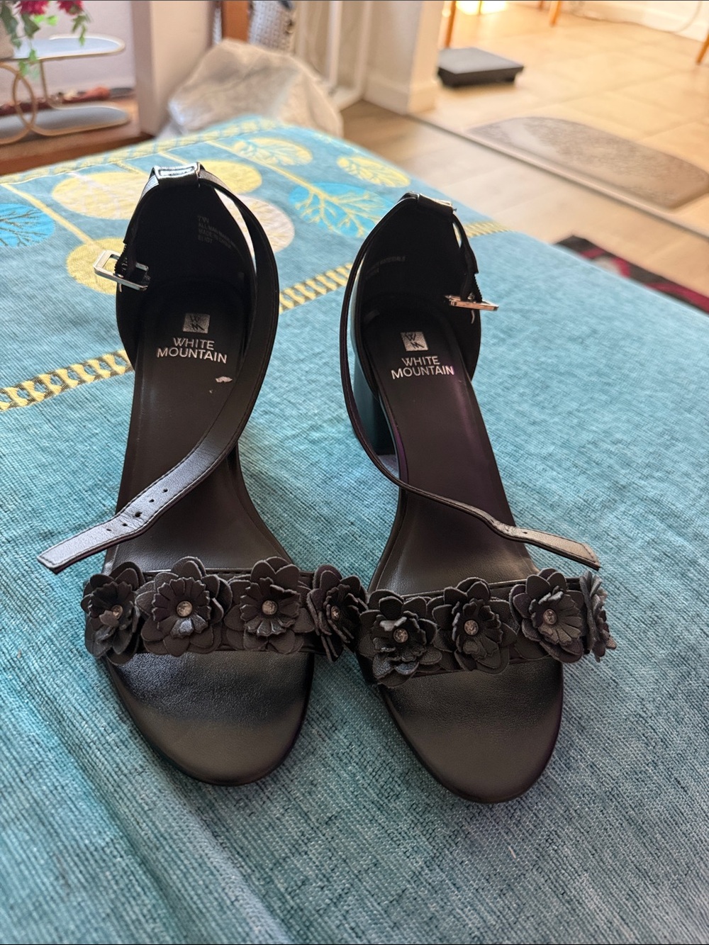 White Mountain Black Floral Ankle Strap Heels